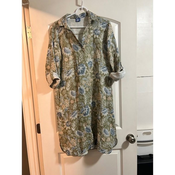 Rip Skirt Hawaii Dresses & Skirts - Rip Skirt‎ Women's Olive Floral Print Button Down Roll Tab Sleeve Shirt Dress M